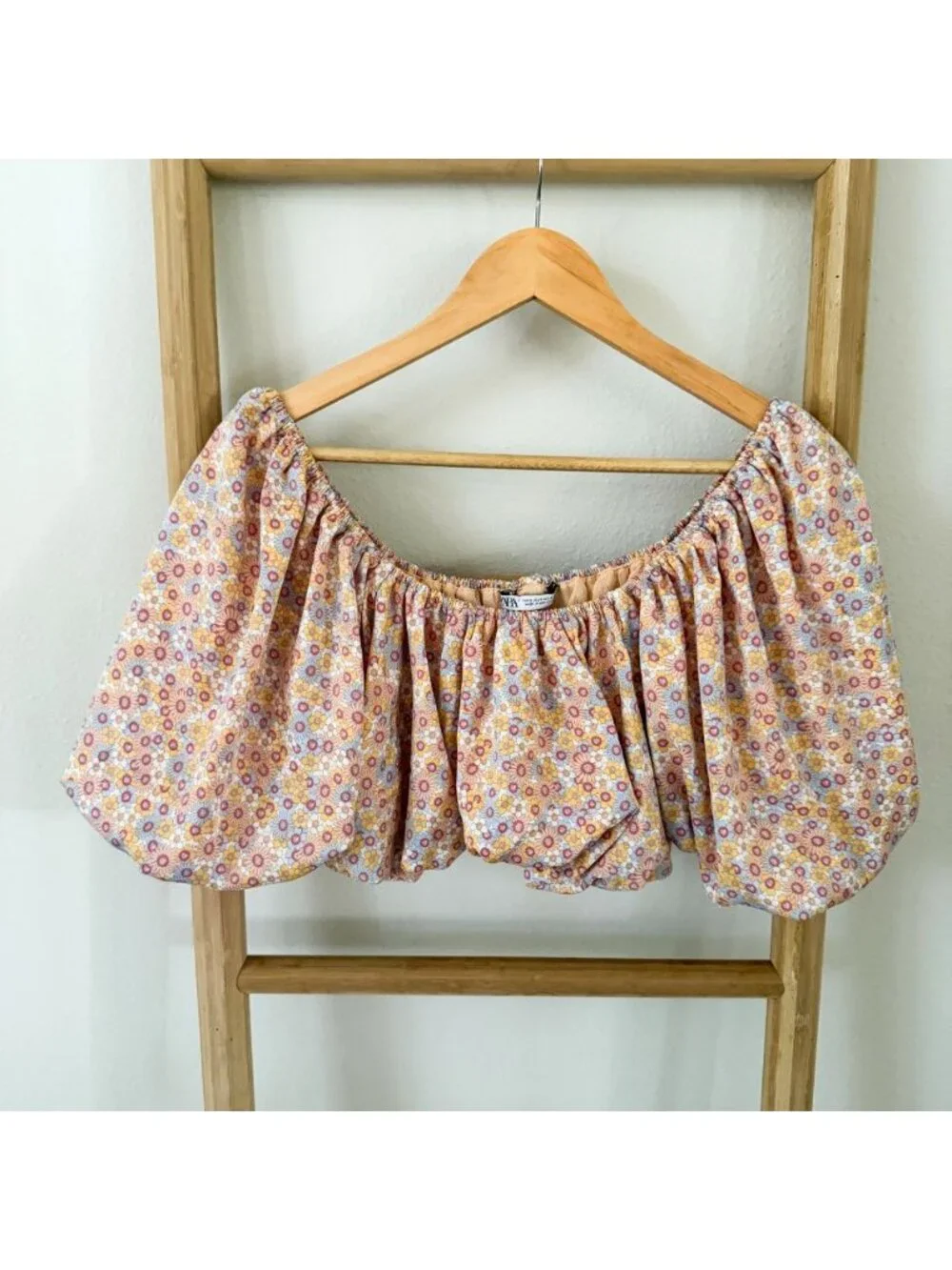 Zara Printed Satin Effect Floral Puff Sleeve Off Shoulder Crop Top Size Small